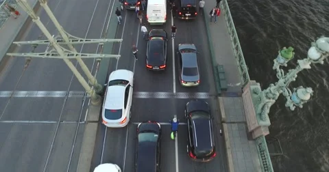 Crowd Of People Walk On The Bridge Between Cars 4k Stock Footage 62201118