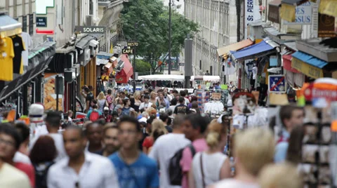 Crowd People Walk Tourist Walking Store Paris City Busy Crowded Shopping Street  Stock Footage