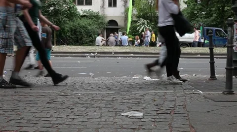 Crowd of people walking by after a big streetparty Stock Footage 45863674