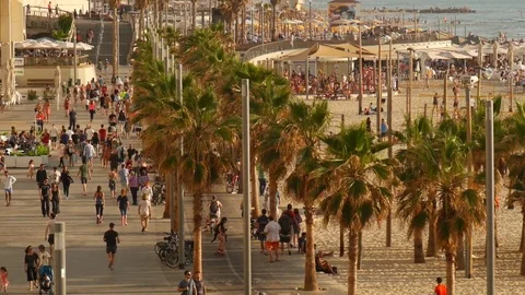 Crowd Of People Walking On Beach Sidewalk  - Long shot Stock Footage 75344650