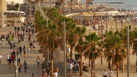 Crowd Of People Walking On Beach Sidewalk  - Long shot Stock Footage 75344672