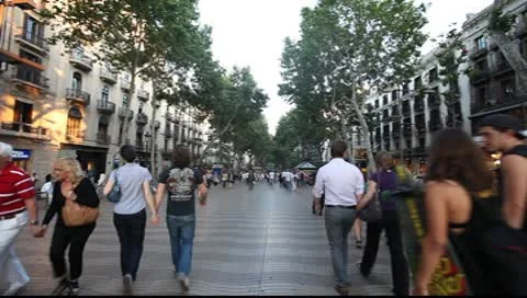 Crowd of People Walking Down Las Ramblas - Barcelona Spain Stock Footage