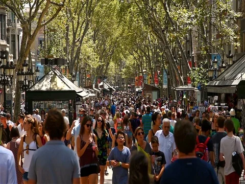 Crowd Of People Walking On La Rambla Central Street In Barcelona City Stock Footage 74009988