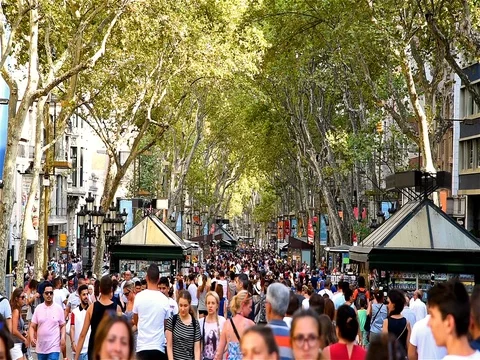 Crowd Of People Walking On La Rambla Central Street In Barcelona City Stock Footage 74010142