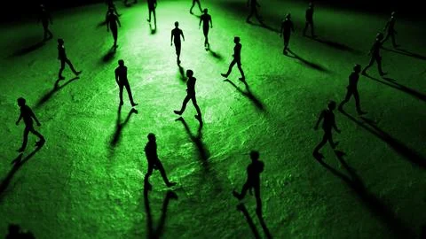 Crowd of people walking in the same direction under green light Stock Illustration