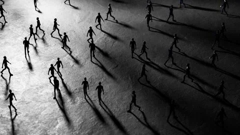 Crowd of people walking in the same direction casting long shadows Stock Illustration