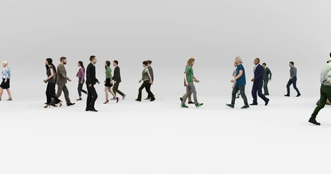Crowd of people walking from side to side on white background studio Stock Footage