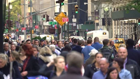 Crowd of people walking on sidewalk. Crowded street scene - New York, Manhattan Stock Footage