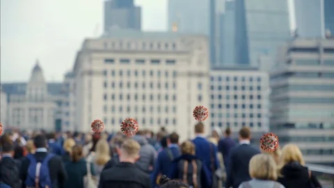 Crowd of people walking in slow motion with Coronavirus graphic animating above Stock Footage 126647532