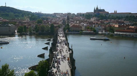 Crowd of people walking through the Charles bridge Stock Footage 68534994