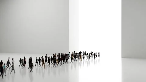 Crowd of people walking toward a bright light isolated on white background Stock Footage 297690803