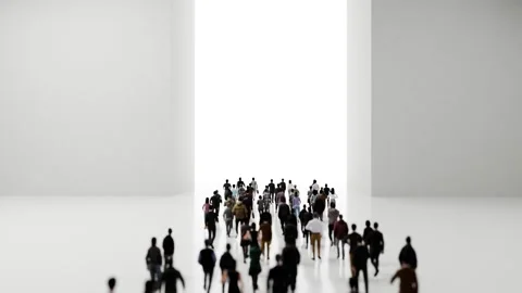 Crowd of people walking toward a bright light isolated on white background Stock Footage 297690813