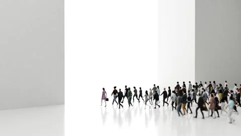 Crowd of people walking toward a bright light isolated on white background Stock Footage 297690852
