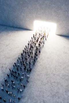 Crowd of people walking towards bright light gate in large space Stock Illustration