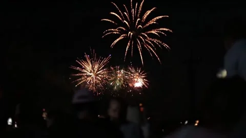 A crowd of people watching multi-colored fireworks against the background of the Stock Footage 300868598