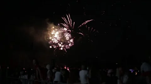 A crowd of people watching multi-colored fireworks against the background of the Stock-Footage 305840700