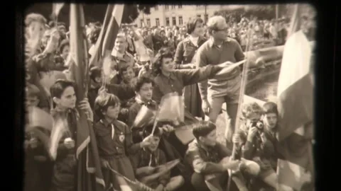 Crowd of People Waving Austrian Flags in Vienna Austria, USSR Russia Military  Stock Footage 130386850