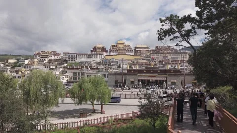 Crowd of pilgrims and visitors by gate of Ganden Sumtseling Monastery Stock Footage 336006757