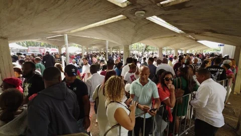 Crowd of pilgrims queuing to enter Altagracia Basilica, Dominican Republic Stock Footage 328220099