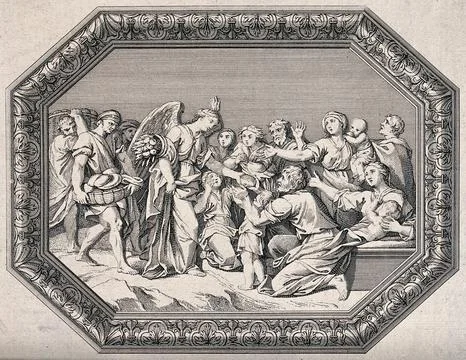 A crowd of poorly-dressed people are reaching out their hands to an angel w.. Stock Illustration