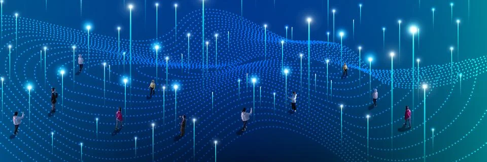 Crowd positioned across dotted tech landscape glowing with signals visualizing Stock Photos