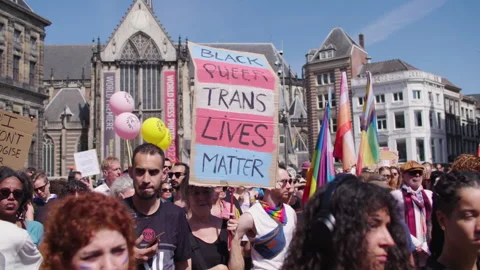 Crowd Protest Board Black Queer Trans Lives Lhbti+ Gay Pride Netherlands Stock Footage 234409275