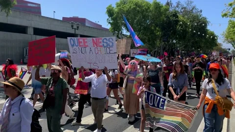 A Crowd of Protesters Gather with Signs to March for LGBT and Drag Rights Stock Footage 238056604