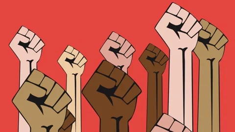 Crowd of protesters people. Animated poster of raised hand. Concept of revolu Stock Footage 152142896