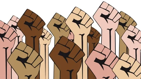 Crowd of protesters people. Animated poster of raised hand. Concept of revolu Stock Footage 153510490