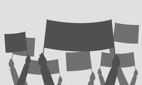 Crowd of protesters people. Silhouettes of hands people with banners Stock Illustration
