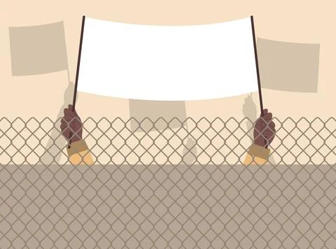 Crowd of protesters people. Silhouettes of hands people with banners Stock Illustration