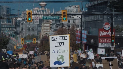 Crowd protesting for climate action. Vancouver, Sept 2019. Stock Footage 117961338