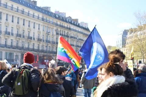 Crowd protesting in Paris for climate and social issues Stock Photos
