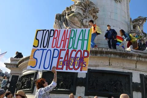 Crowd protesting in Paris for climate and social issues Stock Photos