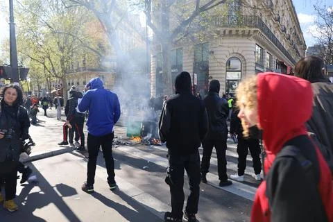 Crowd protesting in Paris for climate and social issues Stock Photos