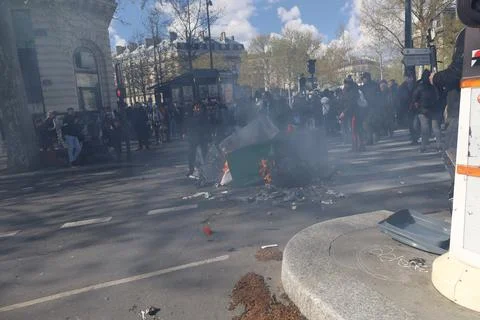 Crowd protesting in Paris for climate and social issues Stock Photos