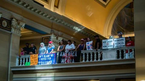 Crowd protesting vaccine mandates inside of Oklahoma Capitol Stock Photos