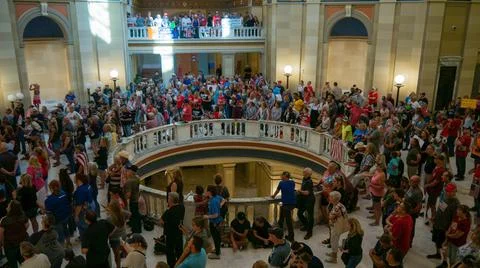 Crowd protesting vaccine mandates inside of Oklahoma Capitol Stock Photos