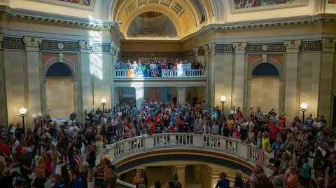 Crowd protesting vaccine mandates inside of Oklahoma Capitol Stock Photos
