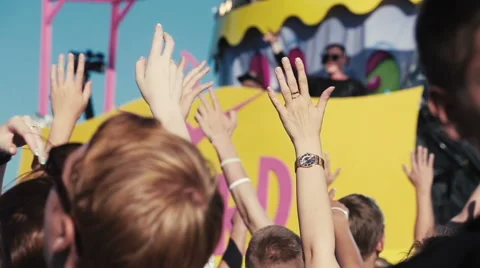 Crowd raise hands up, dance at party. Slow motion Stock Footage 54135055