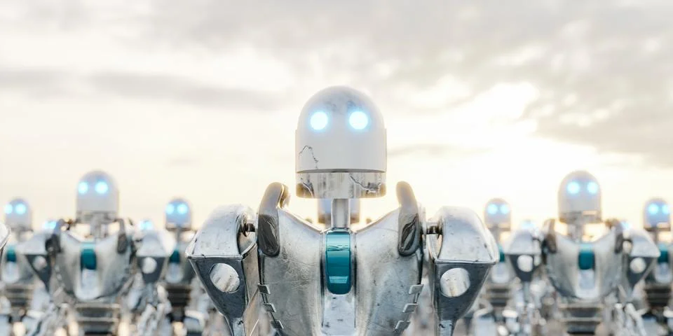 Crowd of robots under cloudy sundown sky. 3d render イラスト素材