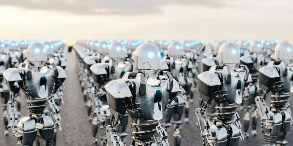 Crowd of robots under cloudy sundown sky. 3d render Illustrazione stock