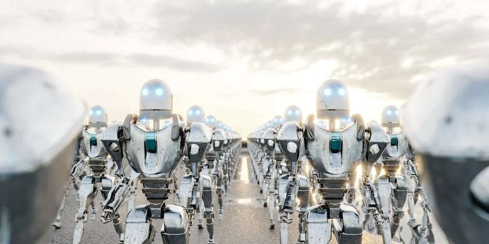 Crowd of robots under cloudy sundown sky. 3d render Illustrazione stock