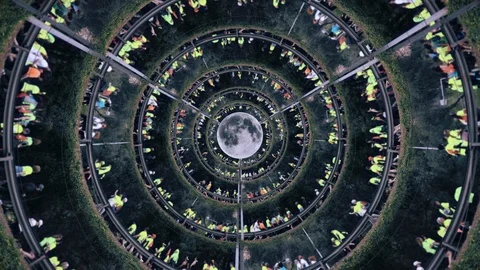 Crowd Running Around Moon Gravity Stock Footage 106558034