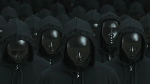 Crowd of the same people wearing black masks raise heads. Totalitarity and Stock Footage 137762567
