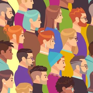 Crowd seamless pattern. Different people group, young men and women. Human heads 스톡 일러스트