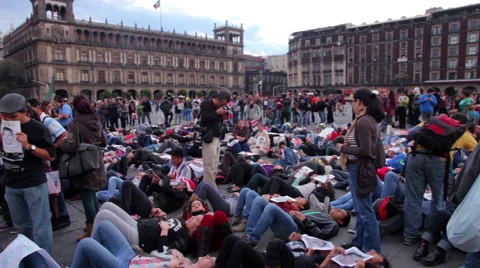 Crowd shouting slogans in a march protest for the students disappeared Guerrero Stock Footage 44350067