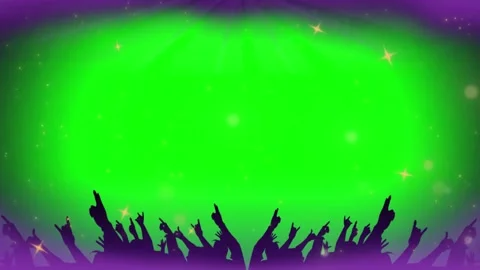 Crowd silhouettes cheering before vibrant green stage background with glowing Stock Footage 344714481