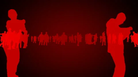 A crowd of silhouettes dancing, overall red theme, constant motion. Looping. Stock Footage 49861687