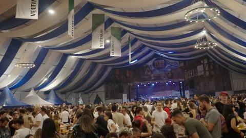Crowd sitting at tables and dancing at the Oktober fest Stock Footage 221550043